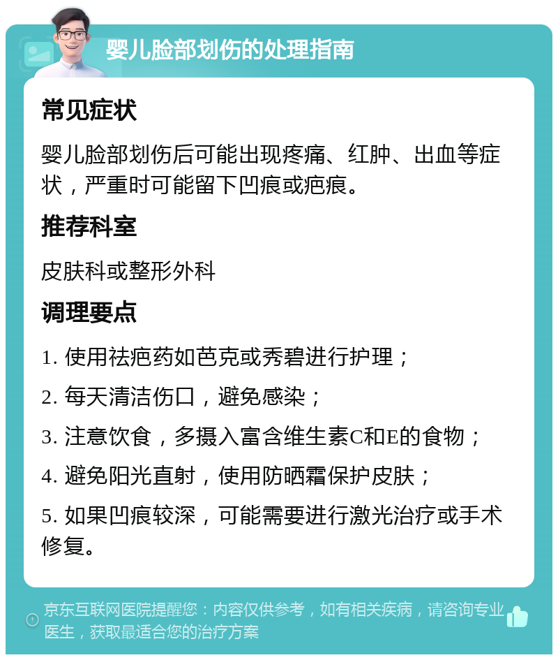 婴儿脸部划伤的处理指南 常见症状 婴儿脸部划伤后可能出现疼痛、红肿、出血等症状，严重时可能留下凹痕或疤痕。 推荐科室 皮肤科或整形外科 调理要点 1. 使用祛疤药如芭克或秀碧进行护理； 2. 每天清洁伤口，避免感染； 3. 注意饮食，多摄入富含维生素C和E的食物； 4. 避免阳光直射，使用防晒霜保护皮肤； 5. 如果凹痕较深，可能需要进行激光治疗或手术修复。