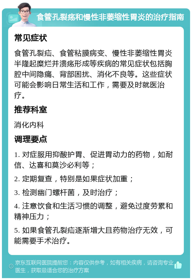 食管孔裂疡和慢性非萎缩性胃炎的治疗指南 常见症状 食管孔裂疝、食管粘膜病变、慢性非萎缩性胃炎半隆起糜烂并溃疡形成等疾病的常见症状包括胸腔中间隐痛、背部困扰、消化不良等。这些症状可能会影响日常生活和工作，需要及时就医治疗。 推荐科室 消化内科 调理要点 1. 对症服用抑酸护胃、促进胃动力的药物，如耐信、达喜和莫沙必利等； 2. 定期复查，特别是如果症状加重； 3. 检测幽门螺杆菌，及时治疗； 4. 注意饮食和生活习惯的调整，避免过度劳累和精神压力； 5. 如果食管孔裂疝逐渐增大且药物治疗无效，可能需要手术治疗。