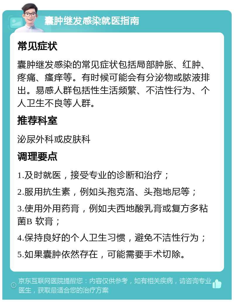 囊肿继发感染就医指南 常见症状 囊肿继发感染的常见症状包括局部肿胀、红肿、疼痛、瘙痒等。有时候可能会有分泌物或脓液排出。易感人群包括性生活频繁、不洁性行为、个人卫生不良等人群。 推荐科室 泌尿外科或皮肤科 调理要点 1.及时就医，接受专业的诊断和治疗； 2.服用抗生素，例如头孢克洛、头孢地尼等； 3.使用外用药膏，例如夫西地酸乳膏或复方多粘菌B 软膏； 4.保持良好的个人卫生习惯，避免不洁性行为； 5.如果囊肿依然存在，可能需要手术切除。