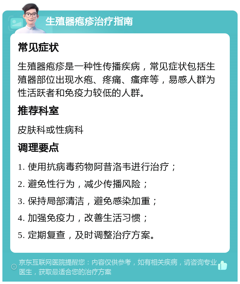 生殖器疱疹治疗指南 常见症状 生殖器疱疹是一种性传播疾病，常见症状包括生殖器部位出现水疱、疼痛、瘙痒等，易感人群为性活跃者和免疫力较低的人群。 推荐科室 皮肤科或性病科 调理要点 1. 使用抗病毒药物阿昔洛韦进行治疗； 2. 避免性行为，减少传播风险； 3. 保持局部清洁，避免感染加重； 4. 加强免疫力，改善生活习惯； 5. 定期复查，及时调整治疗方案。