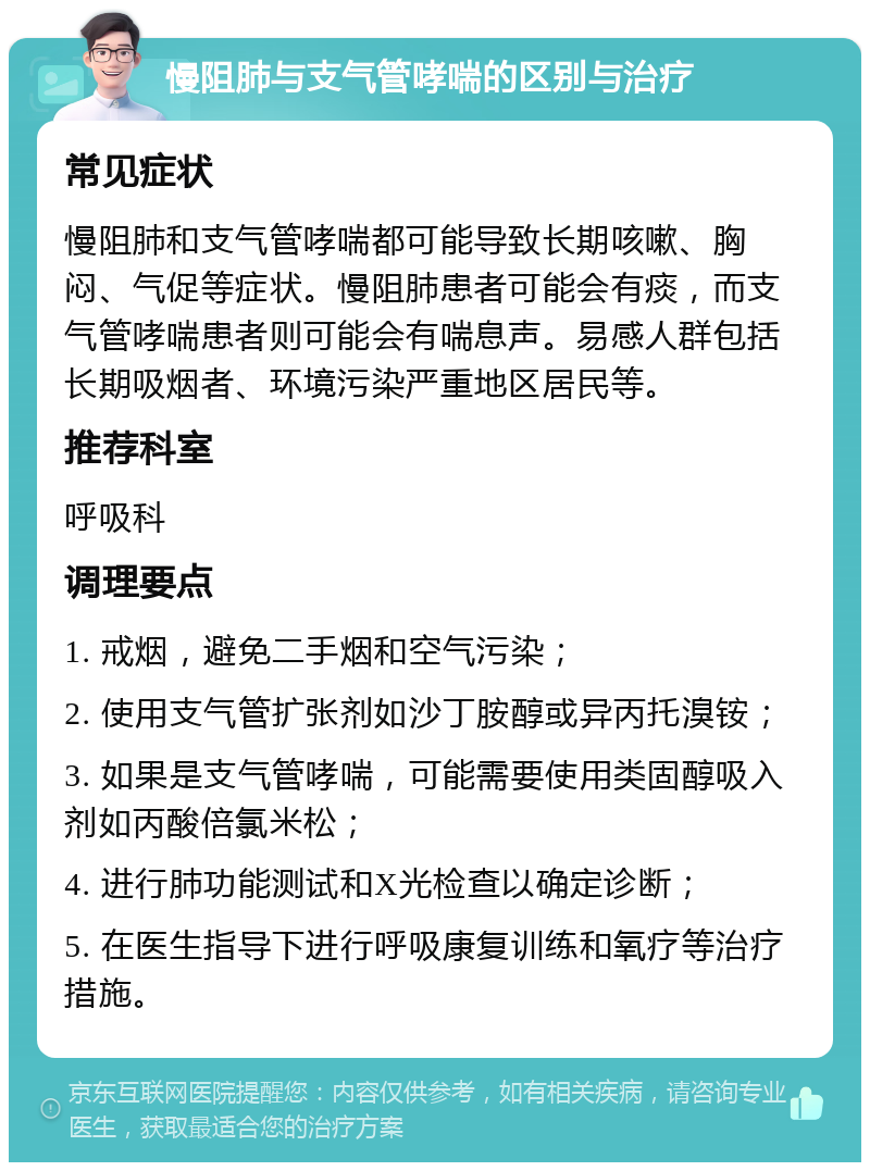 慢阻肺与支气管哮喘的区别与治疗 常见症状 慢阻肺和支气管哮喘都可能导致长期咳嗽、胸闷、气促等症状。慢阻肺患者可能会有痰，而支气管哮喘患者则可能会有喘息声。易感人群包括长期吸烟者、环境污染严重地区居民等。 推荐科室 呼吸科 调理要点 1. 戒烟，避免二手烟和空气污染； 2. 使用支气管扩张剂如沙丁胺醇或异丙托溴铵； 3. 如果是支气管哮喘，可能需要使用类固醇吸入剂如丙酸倍氯米松； 4. 进行肺功能测试和X光检查以确定诊断； 5. 在医生指导下进行呼吸康复训练和氧疗等治疗措施。