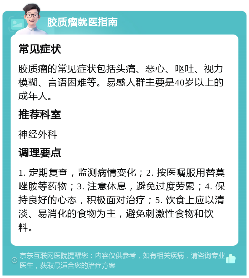 胶质瘤就医指南 常见症状 胶质瘤的常见症状包括头痛、恶心、呕吐、视力模糊、言语困难等。易感人群主要是40岁以上的成年人。 推荐科室 神经外科 调理要点 1. 定期复查，监测病情变化；2. 按医嘱服用替莫唑胺等药物；3. 注意休息，避免过度劳累；4. 保持良好的心态，积极面对治疗；5. 饮食上应以清淡、易消化的食物为主，避免刺激性食物和饮料。