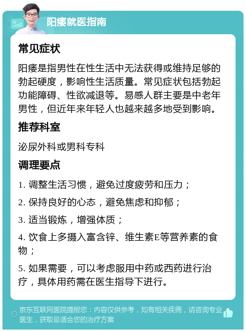 阳痿就医指南 常见症状 阳痿是指男性在性生活中无法获得或维持足够的勃起硬度，影响性生活质量。常见症状包括勃起功能障碍、性欲减退等。易感人群主要是中老年男性，但近年来年轻人也越来越多地受到影响。 推荐科室 泌尿外科或男科专科 调理要点 1. 调整生活习惯，避免过度疲劳和压力； 2. 保持良好的心态，避免焦虑和抑郁； 3. 适当锻炼，增强体质； 4. 饮食上多摄入富含锌、维生素E等营养素的食物； 5. 如果需要，可以考虑服用中药或西药进行治疗，具体用药需在医生指导下进行。