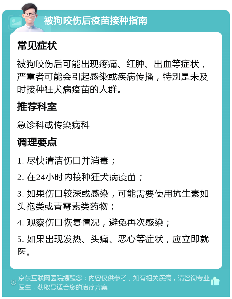 被狗咬伤后疫苗接种指南 常见症状 被狗咬伤后可能出现疼痛、红肿、出血等症状，严重者可能会引起感染或疾病传播，特别是未及时接种狂犬病疫苗的人群。 推荐科室 急诊科或传染病科 调理要点 1. 尽快清洁伤口并消毒； 2. 在24小时内接种狂犬病疫苗； 3. 如果伤口较深或感染，可能需要使用抗生素如头孢类或青霉素类药物； 4. 观察伤口恢复情况，避免再次感染； 5. 如果出现发热、头痛、恶心等症状，应立即就医。