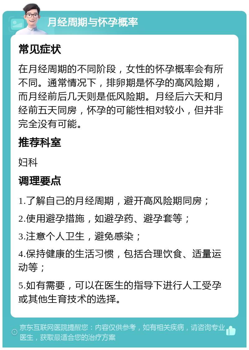 月经周期与怀孕概率 常见症状 在月经周期的不同阶段，女性的怀孕概率会有所不同。通常情况下，排卵期是怀孕的高风险期，而月经前后几天则是低风险期。月经后六天和月经前五天同房，怀孕的可能性相对较小，但并非完全没有可能。 推荐科室 妇科 调理要点 1.了解自己的月经周期，避开高风险期同房； 2.使用避孕措施，如避孕药、避孕套等； 3.注意个人卫生，避免感染； 4.保持健康的生活习惯，包括合理饮食、适量运动等； 5.如有需要，可以在医生的指导下进行人工受孕或其他生育技术的选择。