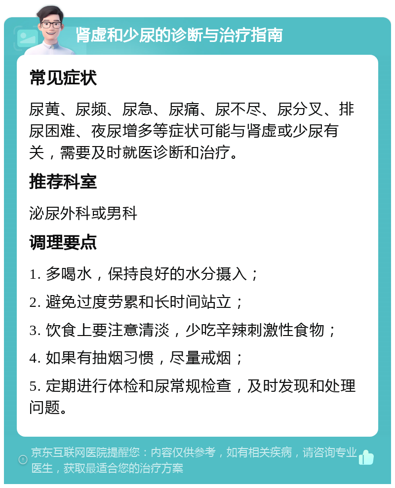 肾虚和少尿的诊断与治疗指南 常见症状 尿黄、尿频、尿急、尿痛、尿不尽、尿分叉、排尿困难、夜尿增多等症状可能与肾虚或少尿有关，需要及时就医诊断和治疗。 推荐科室 泌尿外科或男科 调理要点 1. 多喝水，保持良好的水分摄入； 2. 避免过度劳累和长时间站立； 3. 饮食上要注意清淡，少吃辛辣刺激性食物； 4. 如果有抽烟习惯，尽量戒烟； 5. 定期进行体检和尿常规检查，及时发现和处理问题。