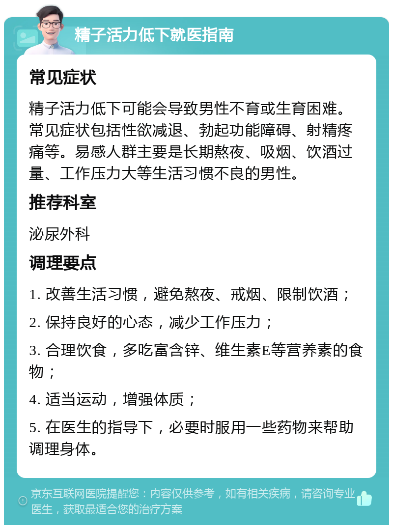 精子活力低下就医指南 常见症状 精子活力低下可能会导致男性不育或生育困难。常见症状包括性欲减退、勃起功能障碍、射精疼痛等。易感人群主要是长期熬夜、吸烟、饮酒过量、工作压力大等生活习惯不良的男性。 推荐科室 泌尿外科 调理要点 1. 改善生活习惯，避免熬夜、戒烟、限制饮酒； 2. 保持良好的心态，减少工作压力； 3. 合理饮食，多吃富含锌、维生素E等营养素的食物； 4. 适当运动，增强体质； 5. 在医生的指导下，必要时服用一些药物来帮助调理身体。