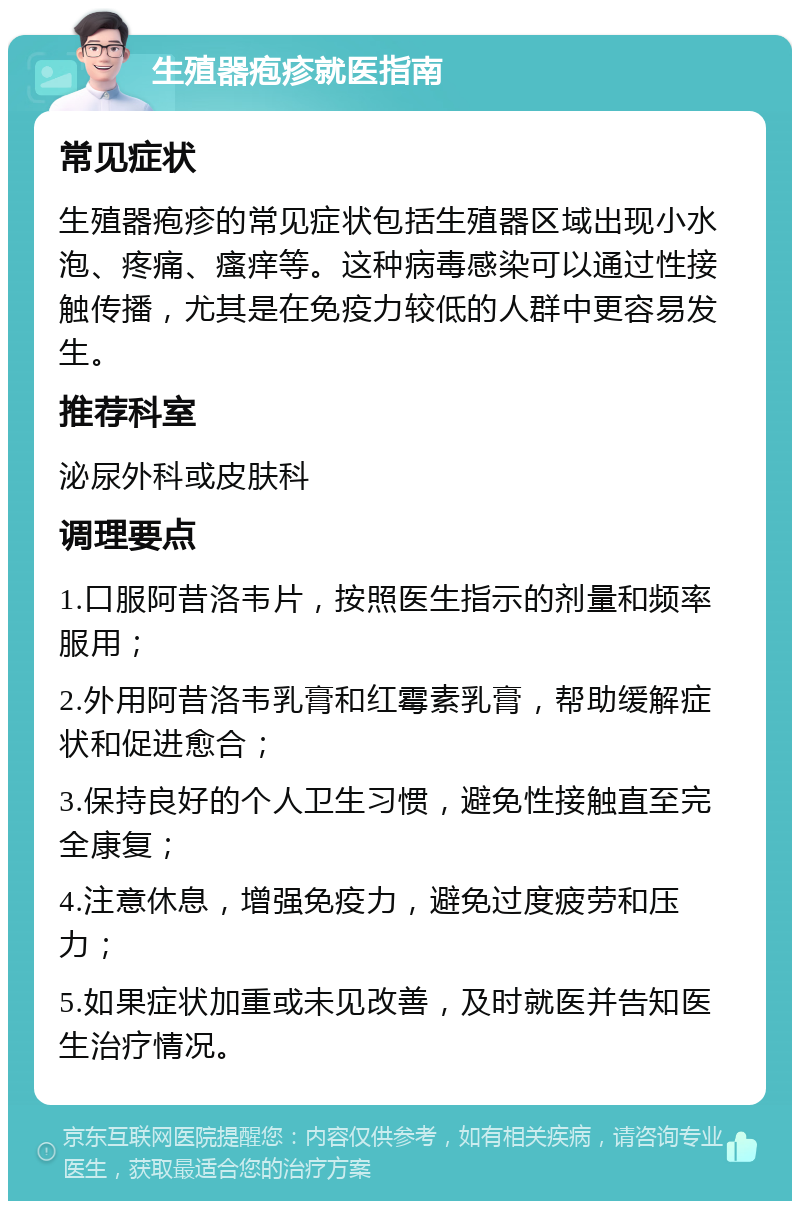 生殖器疱疹就医指南 常见症状 生殖器疱疹的常见症状包括生殖器区域出现小水泡、疼痛、瘙痒等。这种病毒感染可以通过性接触传播，尤其是在免疫力较低的人群中更容易发生。 推荐科室 泌尿外科或皮肤科 调理要点 1.口服阿昔洛韦片，按照医生指示的剂量和频率服用； 2.外用阿昔洛韦乳膏和红霉素乳膏，帮助缓解症状和促进愈合； 3.保持良好的个人卫生习惯，避免性接触直至完全康复； 4.注意休息，增强免疫力，避免过度疲劳和压力； 5.如果症状加重或未见改善，及时就医并告知医生治疗情况。