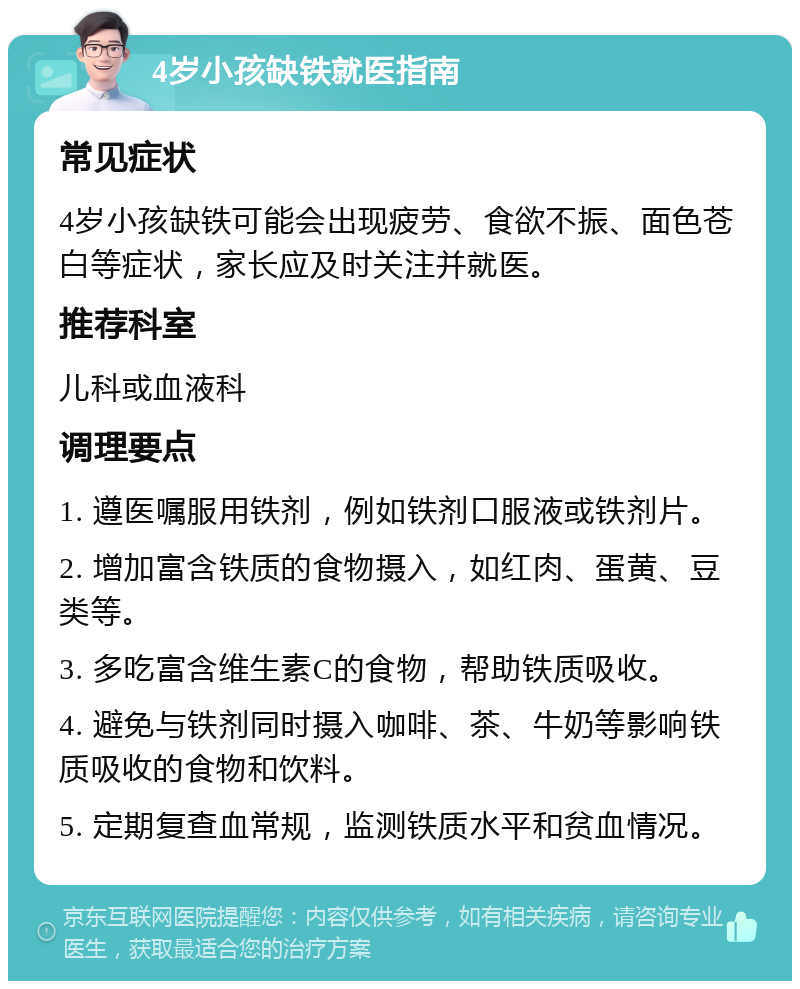 4岁小孩缺铁就医指南 常见症状 4岁小孩缺铁可能会出现疲劳、食欲不振、面色苍白等症状，家长应及时关注并就医。 推荐科室 儿科或血液科 调理要点 1. 遵医嘱服用铁剂，例如铁剂口服液或铁剂片。 2. 增加富含铁质的食物摄入，如红肉、蛋黄、豆类等。 3. 多吃富含维生素C的食物，帮助铁质吸收。 4. 避免与铁剂同时摄入咖啡、茶、牛奶等影响铁质吸收的食物和饮料。 5. 定期复查血常规，监测铁质水平和贫血情况。