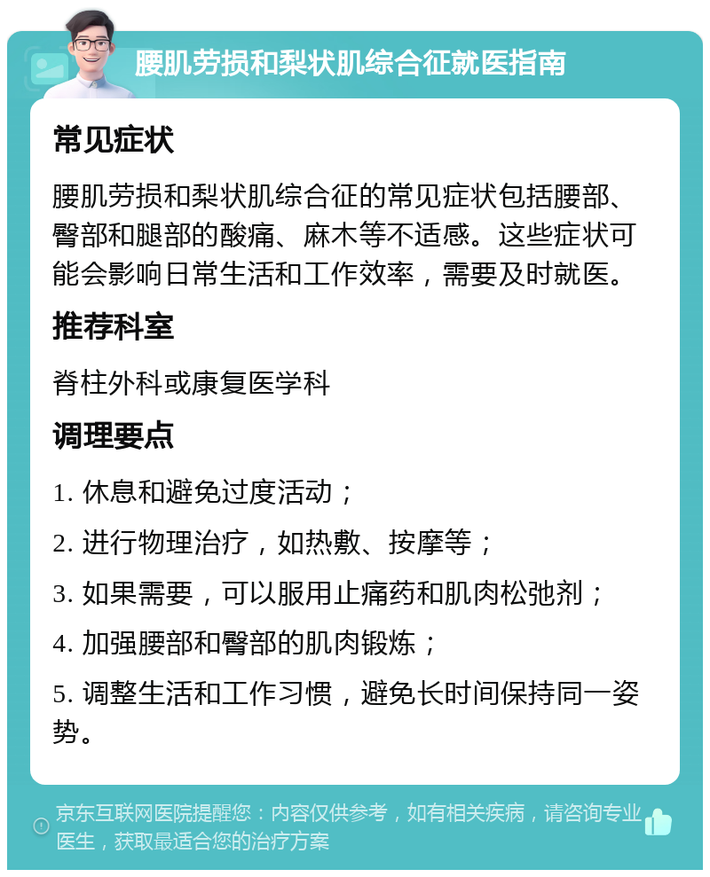 腰肌劳损和梨状肌综合征就医指南 常见症状 腰肌劳损和梨状肌综合征的常见症状包括腰部、臀部和腿部的酸痛、麻木等不适感。这些症状可能会影响日常生活和工作效率，需要及时就医。 推荐科室 脊柱外科或康复医学科 调理要点 1. 休息和避免过度活动； 2. 进行物理治疗，如热敷、按摩等； 3. 如果需要，可以服用止痛药和肌肉松弛剂； 4. 加强腰部和臀部的肌肉锻炼； 5. 调整生活和工作习惯，避免长时间保持同一姿势。