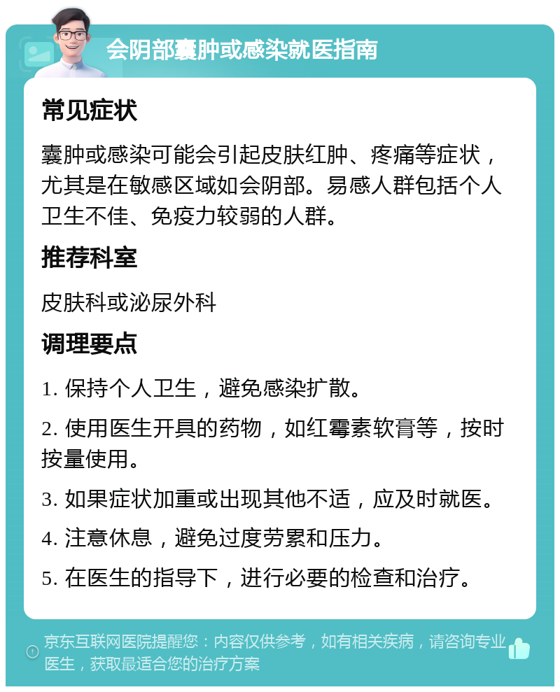 会阴部囊肿或感染就医指南 常见症状 囊肿或感染可能会引起皮肤红肿、疼痛等症状，尤其是在敏感区域如会阴部。易感人群包括个人卫生不佳、免疫力较弱的人群。 推荐科室 皮肤科或泌尿外科 调理要点 1. 保持个人卫生，避免感染扩散。 2. 使用医生开具的药物，如红霉素软膏等，按时按量使用。 3. 如果症状加重或出现其他不适，应及时就医。 4. 注意休息，避免过度劳累和压力。 5. 在医生的指导下，进行必要的检查和治疗。