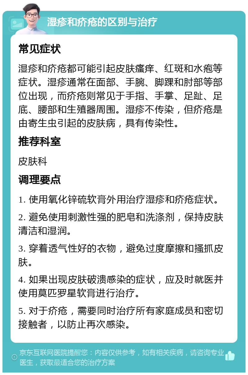 湿疹和疥疮的区别与治疗 常见症状 湿疹和疥疮都可能引起皮肤瘙痒、红斑和水疱等症状。湿疹通常在面部、手腕、脚踝和肘部等部位出现，而疥疮则常见于手指、手掌、足趾、足底、腰部和生殖器周围。湿疹不传染，但疥疮是由寄生虫引起的皮肤病，具有传染性。 推荐科室 皮肤科 调理要点 1. 使用氧化锌硫软膏外用治疗湿疹和疥疮症状。 2. 避免使用刺激性强的肥皂和洗涤剂，保持皮肤清洁和湿润。 3. 穿着透气性好的衣物，避免过度摩擦和搔抓皮肤。 4. 如果出现皮肤破溃感染的症状，应及时就医并使用莫匹罗星软膏进行治疗。 5. 对于疥疮，需要同时治疗所有家庭成员和密切接触者，以防止再次感染。