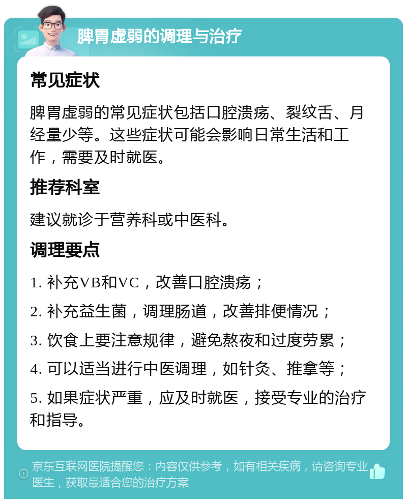 脾胃虚弱的调理与治疗 常见症状 脾胃虚弱的常见症状包括口腔溃疡、裂纹舌、月经量少等。这些症状可能会影响日常生活和工作，需要及时就医。 推荐科室 建议就诊于营养科或中医科。 调理要点 1. 补充VB和VC，改善口腔溃疡； 2. 补充益生菌，调理肠道，改善排便情况； 3. 饮食上要注意规律，避免熬夜和过度劳累； 4. 可以适当进行中医调理，如针灸、推拿等； 5. 如果症状严重，应及时就医，接受专业的治疗和指导。