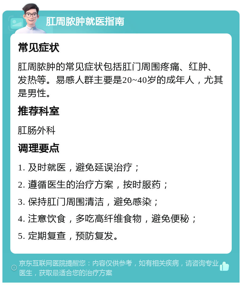 肛周脓肿就医指南 常见症状 肛周脓肿的常见症状包括肛门周围疼痛、红肿、发热等。易感人群主要是20~40岁的成年人，尤其是男性。 推荐科室 肛肠外科 调理要点 1. 及时就医，避免延误治疗； 2. 遵循医生的治疗方案，按时服药； 3. 保持肛门周围清洁，避免感染； 4. 注意饮食，多吃高纤维食物，避免便秘； 5. 定期复查，预防复发。