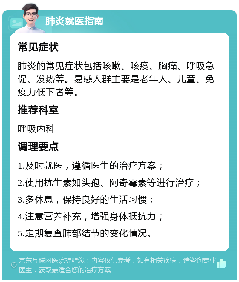 肺炎就医指南 常见症状 肺炎的常见症状包括咳嗽、咳痰、胸痛、呼吸急促、发热等。易感人群主要是老年人、儿童、免疫力低下者等。 推荐科室 呼吸内科 调理要点 1.及时就医，遵循医生的治疗方案； 2.使用抗生素如头孢、阿奇霉素等进行治疗； 3.多休息，保持良好的生活习惯； 4.注意营养补充，增强身体抵抗力； 5.定期复查肺部结节的变化情况。