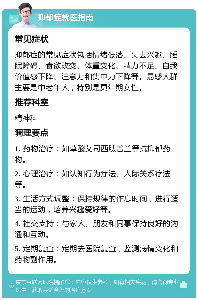 抑郁症就医指南 常见症状 抑郁症的常见症状包括情绪低落、失去兴趣、睡眠障碍、食欲改变、体重变化、精力不足、自我价值感下降、注意力和集中力下降等。易感人群主要是中老年人，特别是更年期女性。 推荐科室 精神科 调理要点 1. 药物治疗：如草酸艾司西肽普兰等抗抑郁药物。 2. 心理治疗：如认知行为疗法、人际关系疗法等。 3. 生活方式调整：保持规律的作息时间，进行适当的运动，培养兴趣爱好等。 4. 社交支持：与家人、朋友和同事保持良好的沟通和互动。 5. 定期复查：定期去医院复查，监测病情变化和药物副作用。