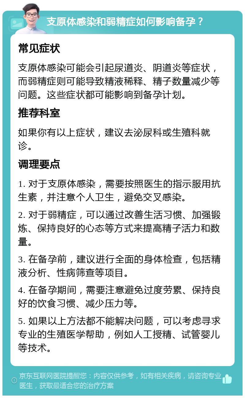 支原体感染和弱精症如何影响备孕？ 常见症状 支原体感染可能会引起尿道炎、阴道炎等症状，而弱精症则可能导致精液稀释、精子数量减少等问题。这些症状都可能影响到备孕计划。 推荐科室 如果你有以上症状，建议去泌尿科或生殖科就诊。 调理要点 1. 对于支原体感染，需要按照医生的指示服用抗生素，并注意个人卫生，避免交叉感染。 2. 对于弱精症，可以通过改善生活习惯、加强锻炼、保持良好的心态等方式来提高精子活力和数量。 3. 在备孕前，建议进行全面的身体检查，包括精液分析、性病筛查等项目。 4. 在备孕期间，需要注意避免过度劳累、保持良好的饮食习惯、减少压力等。 5. 如果以上方法都不能解决问题，可以考虑寻求专业的生殖医学帮助，例如人工授精、试管婴儿等技术。