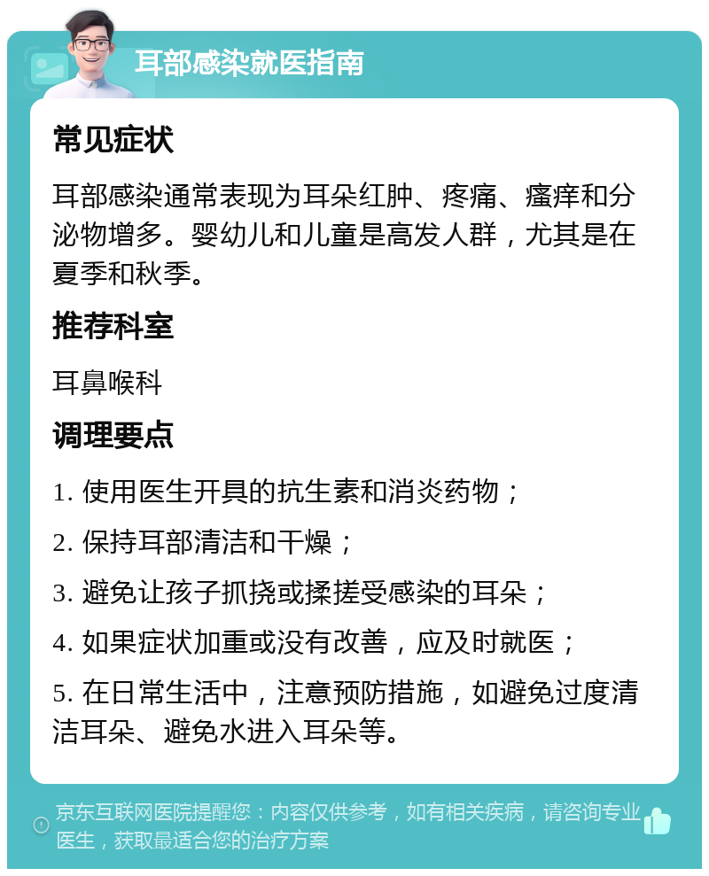 耳部感染就医指南 常见症状 耳部感染通常表现为耳朵红肿、疼痛、瘙痒和分泌物增多。婴幼儿和儿童是高发人群，尤其是在夏季和秋季。 推荐科室 耳鼻喉科 调理要点 1. 使用医生开具的抗生素和消炎药物； 2. 保持耳部清洁和干燥； 3. 避免让孩子抓挠或揉搓受感染的耳朵； 4. 如果症状加重或没有改善，应及时就医； 5. 在日常生活中，注意预防措施，如避免过度清洁耳朵、避免水进入耳朵等。