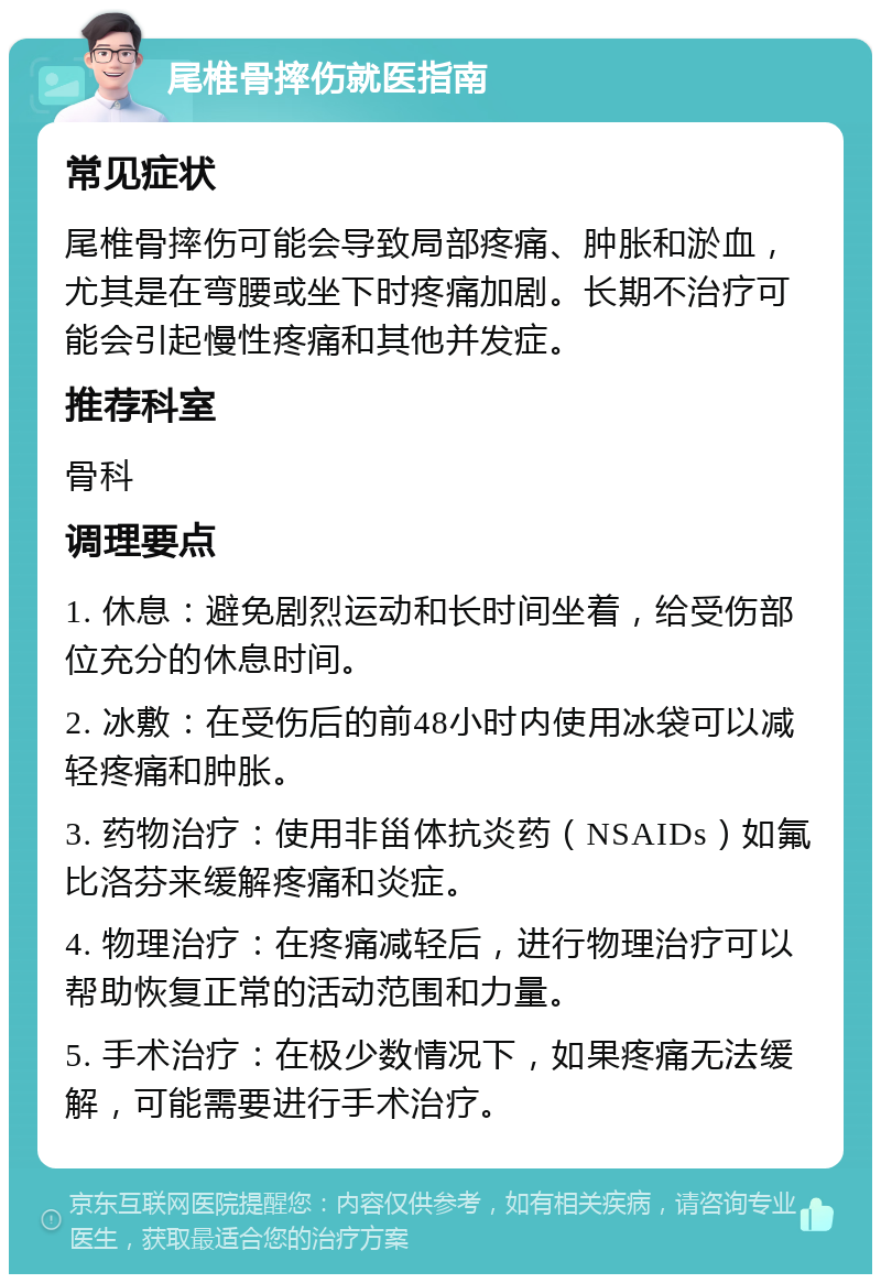 尾椎骨摔伤就医指南 常见症状 尾椎骨摔伤可能会导致局部疼痛、肿胀和淤血，尤其是在弯腰或坐下时疼痛加剧。长期不治疗可能会引起慢性疼痛和其他并发症。 推荐科室 骨科 调理要点 1. 休息：避免剧烈运动和长时间坐着，给受伤部位充分的休息时间。 2. 冰敷：在受伤后的前48小时内使用冰袋可以减轻疼痛和肿胀。 3. 药物治疗：使用非甾体抗炎药（NSAIDs）如氟比洛芬来缓解疼痛和炎症。 4. 物理治疗：在疼痛减轻后，进行物理治疗可以帮助恢复正常的活动范围和力量。 5. 手术治疗：在极少数情况下，如果疼痛无法缓解，可能需要进行手术治疗。