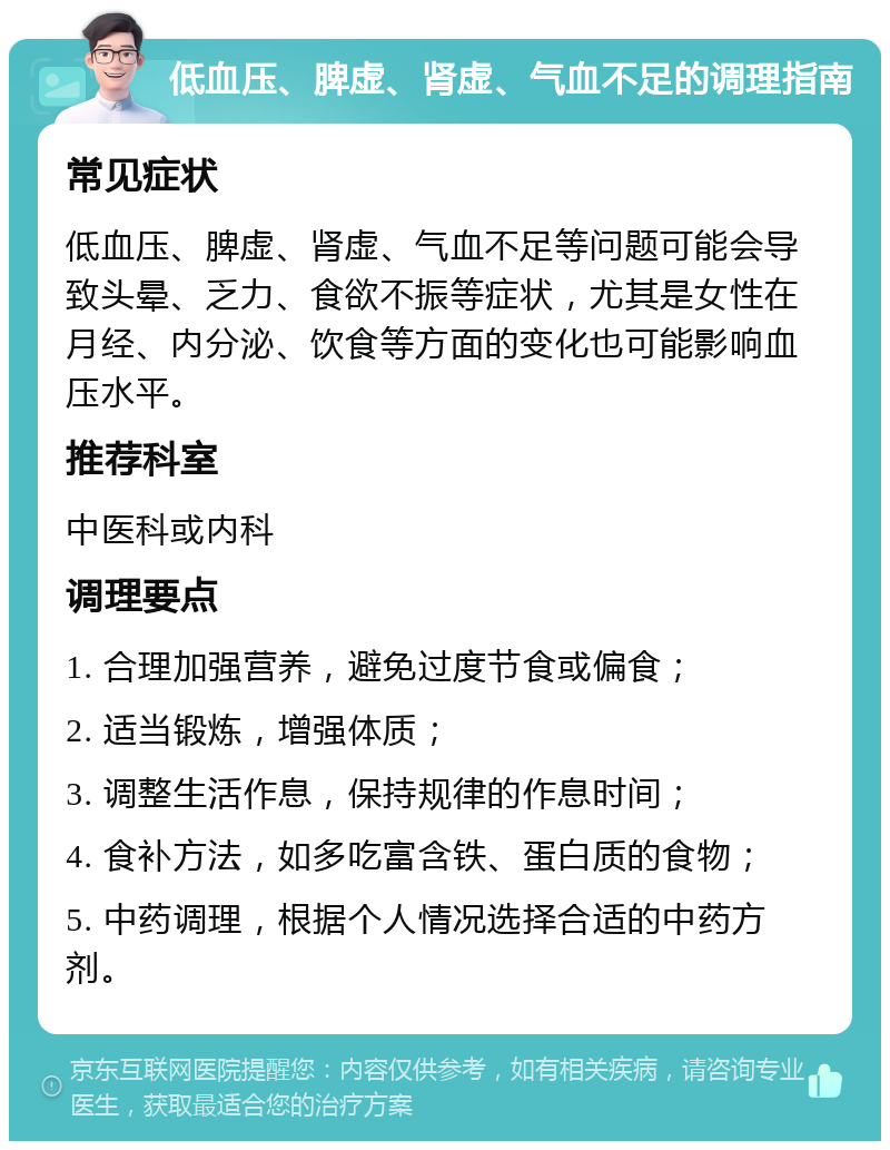 低血压、脾虚、肾虚、气血不足的调理指南 常见症状 低血压、脾虚、肾虚、气血不足等问题可能会导致头晕、乏力、食欲不振等症状，尤其是女性在月经、内分泌、饮食等方面的变化也可能影响血压水平。 推荐科室 中医科或内科 调理要点 1. 合理加强营养，避免过度节食或偏食； 2. 适当锻炼，增强体质； 3. 调整生活作息，保持规律的作息时间； 4. 食补方法，如多吃富含铁、蛋白质的食物； 5. 中药调理，根据个人情况选择合适的中药方剂。