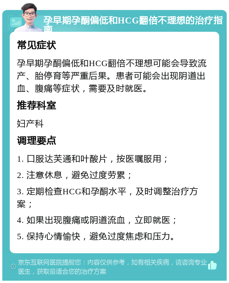 孕早期孕酮偏低和HCG翻倍不理想的治疗指南 常见症状 孕早期孕酮偏低和HCG翻倍不理想可能会导致流产、胎停育等严重后果。患者可能会出现阴道出血、腹痛等症状，需要及时就医。 推荐科室 妇产科 调理要点 1. 口服达芙通和叶酸片，按医嘱服用； 2. 注意休息，避免过度劳累； 3. 定期检查HCG和孕酮水平，及时调整治疗方案； 4. 如果出现腹痛或阴道流血，立即就医； 5. 保持心情愉快，避免过度焦虑和压力。