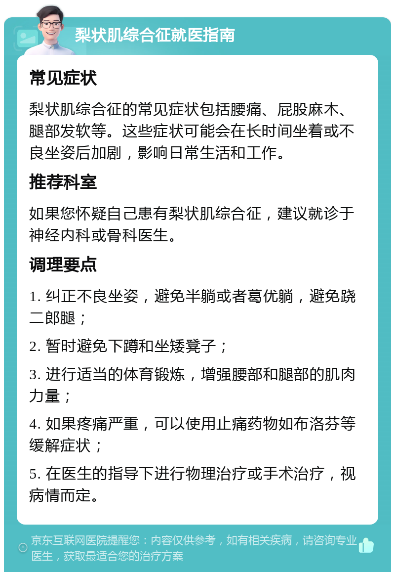 梨状肌综合征就医指南 常见症状 梨状肌综合征的常见症状包括腰痛、屁股麻木、腿部发软等。这些症状可能会在长时间坐着或不良坐姿后加剧，影响日常生活和工作。 推荐科室 如果您怀疑自己患有梨状肌综合征，建议就诊于神经内科或骨科医生。 调理要点 1. 纠正不良坐姿，避免半躺或者葛优躺，避免跷二郎腿； 2. 暂时避免下蹲和坐矮凳子； 3. 进行适当的体育锻炼，增强腰部和腿部的肌肉力量； 4. 如果疼痛严重，可以使用止痛药物如布洛芬等缓解症状； 5. 在医生的指导下进行物理治疗或手术治疗，视病情而定。