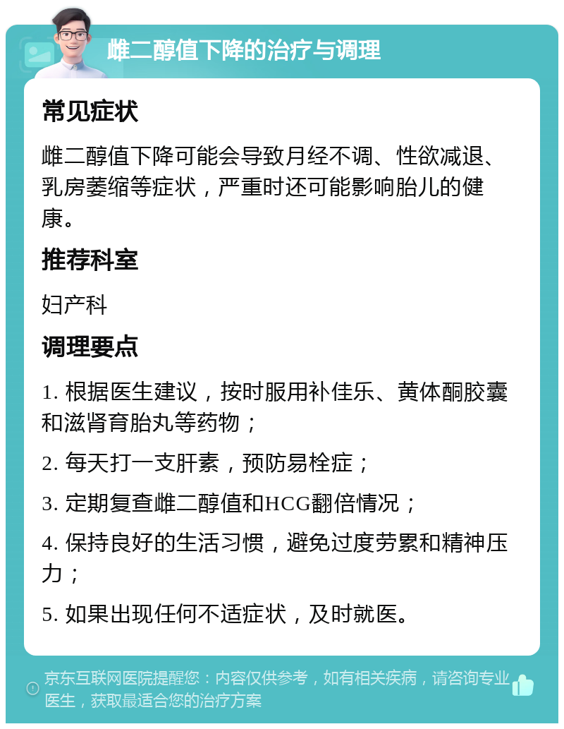 雌二醇值下降的治疗与调理 常见症状 雌二醇值下降可能会导致月经不调、性欲减退、乳房萎缩等症状，严重时还可能影响胎儿的健康。 推荐科室 妇产科 调理要点 1. 根据医生建议，按时服用补佳乐、黄体酮胶囊和滋肾育胎丸等药物； 2. 每天打一支肝素，预防易栓症； 3. 定期复查雌二醇值和HCG翻倍情况； 4. 保持良好的生活习惯，避免过度劳累和精神压力； 5. 如果出现任何不适症状，及时就医。