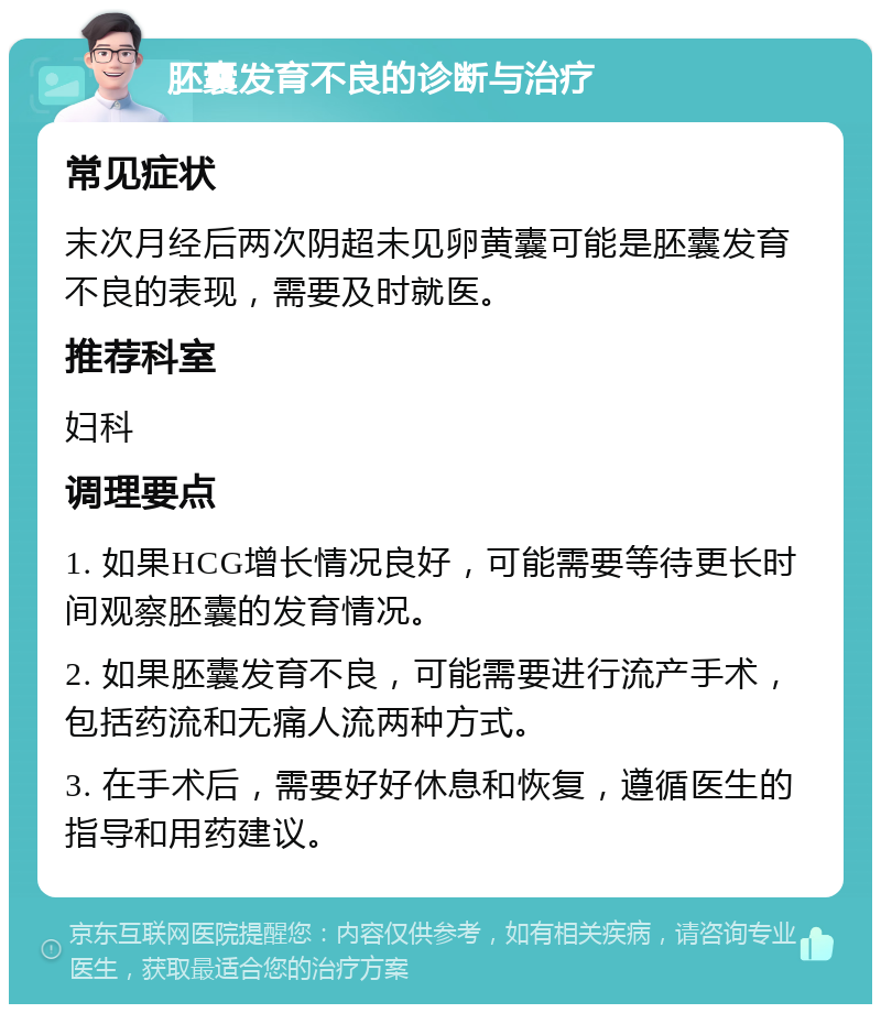 胚囊发育不良的诊断与治疗 常见症状 末次月经后两次阴超未见卵黄囊可能是胚囊发育不良的表现，需要及时就医。 推荐科室 妇科 调理要点 1. 如果HCG增长情况良好，可能需要等待更长时间观察胚囊的发育情况。 2. 如果胚囊发育不良，可能需要进行流产手术，包括药流和无痛人流两种方式。 3. 在手术后，需要好好休息和恢复，遵循医生的指导和用药建议。