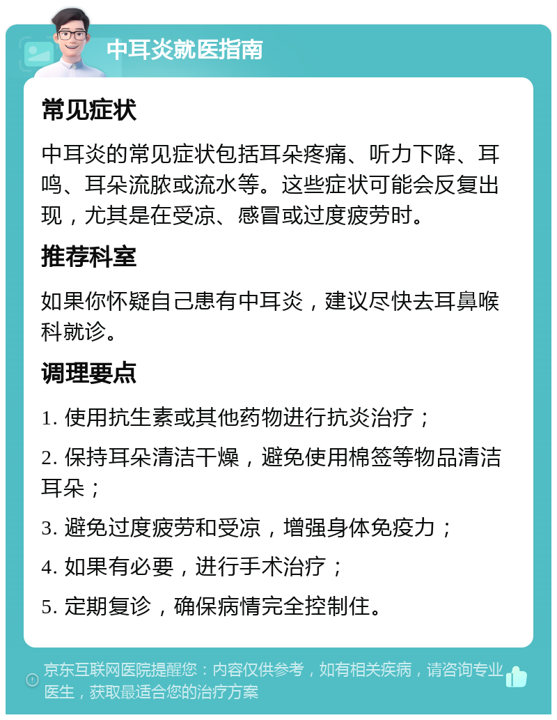 中耳炎就医指南 常见症状 中耳炎的常见症状包括耳朵疼痛、听力下降、耳鸣、耳朵流脓或流水等。这些症状可能会反复出现，尤其是在受凉、感冒或过度疲劳时。 推荐科室 如果你怀疑自己患有中耳炎，建议尽快去耳鼻喉科就诊。 调理要点 1. 使用抗生素或其他药物进行抗炎治疗； 2. 保持耳朵清洁干燥，避免使用棉签等物品清洁耳朵； 3. 避免过度疲劳和受凉，增强身体免疫力； 4. 如果有必要，进行手术治疗； 5. 定期复诊，确保病情完全控制住。