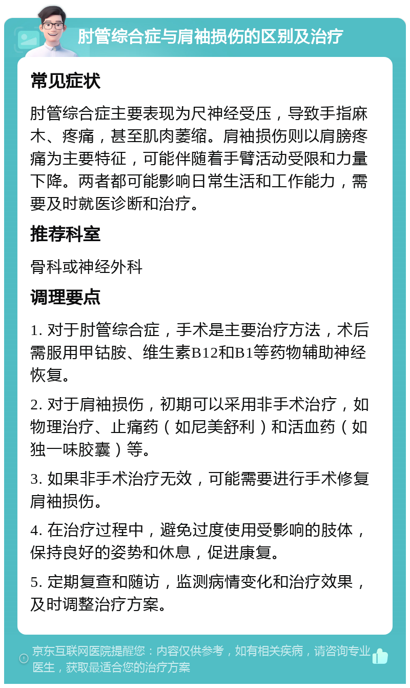 肘管综合症与肩袖损伤的区别及治疗 常见症状 肘管综合症主要表现为尺神经受压，导致手指麻木、疼痛，甚至肌肉萎缩。肩袖损伤则以肩膀疼痛为主要特征，可能伴随着手臂活动受限和力量下降。两者都可能影响日常生活和工作能力，需要及时就医诊断和治疗。 推荐科室 骨科或神经外科 调理要点 1. 对于肘管综合症，手术是主要治疗方法，术后需服用甲钴胺、维生素B12和B1等药物辅助神经恢复。 2. 对于肩袖损伤，初期可以采用非手术治疗，如物理治疗、止痛药（如尼美舒利）和活血药（如独一味胶囊）等。 3. 如果非手术治疗无效，可能需要进行手术修复肩袖损伤。 4. 在治疗过程中，避免过度使用受影响的肢体，保持良好的姿势和休息，促进康复。 5. 定期复查和随访，监测病情变化和治疗效果，及时调整治疗方案。