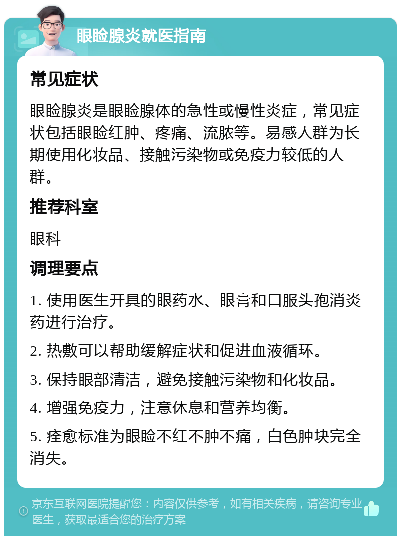 眼睑腺炎就医指南 常见症状 眼睑腺炎是眼睑腺体的急性或慢性炎症，常见症状包括眼睑红肿、疼痛、流脓等。易感人群为长期使用化妆品、接触污染物或免疫力较低的人群。 推荐科室 眼科 调理要点 1. 使用医生开具的眼药水、眼膏和口服头孢消炎药进行治疗。 2. 热敷可以帮助缓解症状和促进血液循环。 3. 保持眼部清洁，避免接触污染物和化妆品。 4. 增强免疫力，注意休息和营养均衡。 5. 痊愈标准为眼睑不红不肿不痛，白色肿块完全消失。