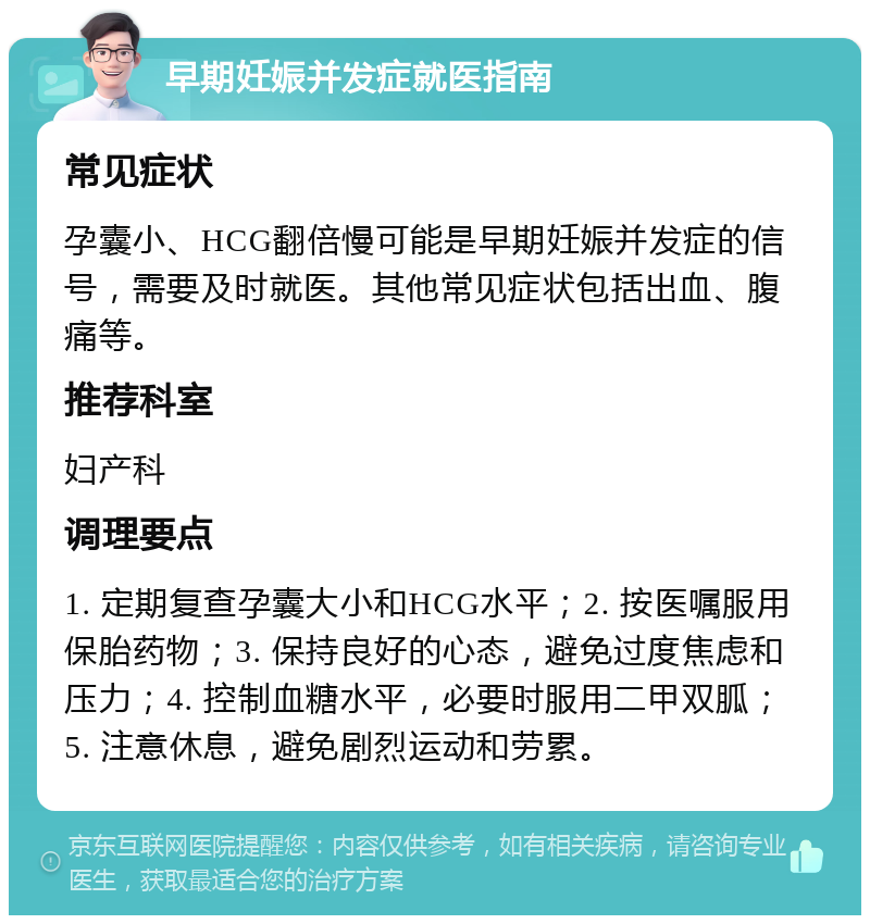 早期妊娠并发症就医指南 常见症状 孕囊小、HCG翻倍慢可能是早期妊娠并发症的信号，需要及时就医。其他常见症状包括出血、腹痛等。 推荐科室 妇产科 调理要点 1. 定期复查孕囊大小和HCG水平；2. 按医嘱服用保胎药物；3. 保持良好的心态，避免过度焦虑和压力；4. 控制血糖水平，必要时服用二甲双胍；5. 注意休息，避免剧烈运动和劳累。