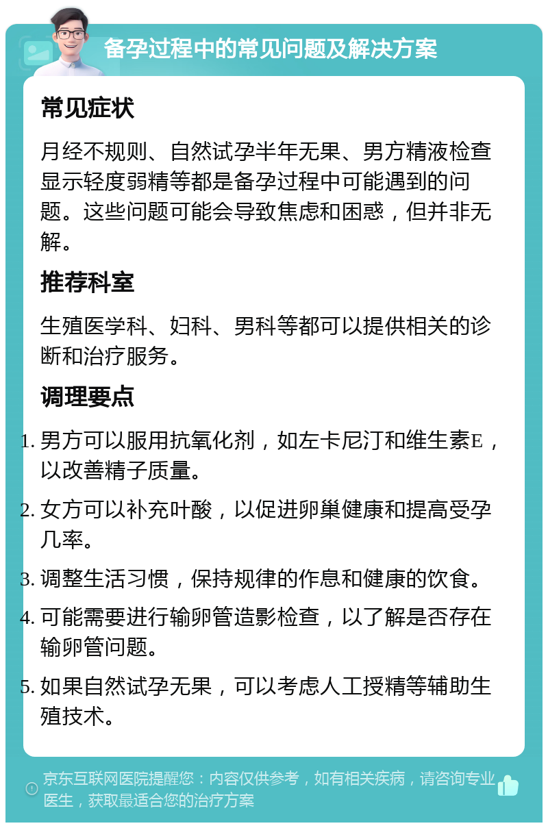 备孕过程中的常见问题及解决方案 常见症状 月经不规则、自然试孕半年无果、男方精液检查显示轻度弱精等都是备孕过程中可能遇到的问题。这些问题可能会导致焦虑和困惑，但并非无解。 推荐科室 生殖医学科、妇科、男科等都可以提供相关的诊断和治疗服务。 调理要点 男方可以服用抗氧化剂，如左卡尼汀和维生素E，以改善精子质量。 女方可以补充叶酸，以促进卵巢健康和提高受孕几率。 调整生活习惯，保持规律的作息和健康的饮食。 可能需要进行输卵管造影检查，以了解是否存在输卵管问题。 如果自然试孕无果，可以考虑人工授精等辅助生殖技术。