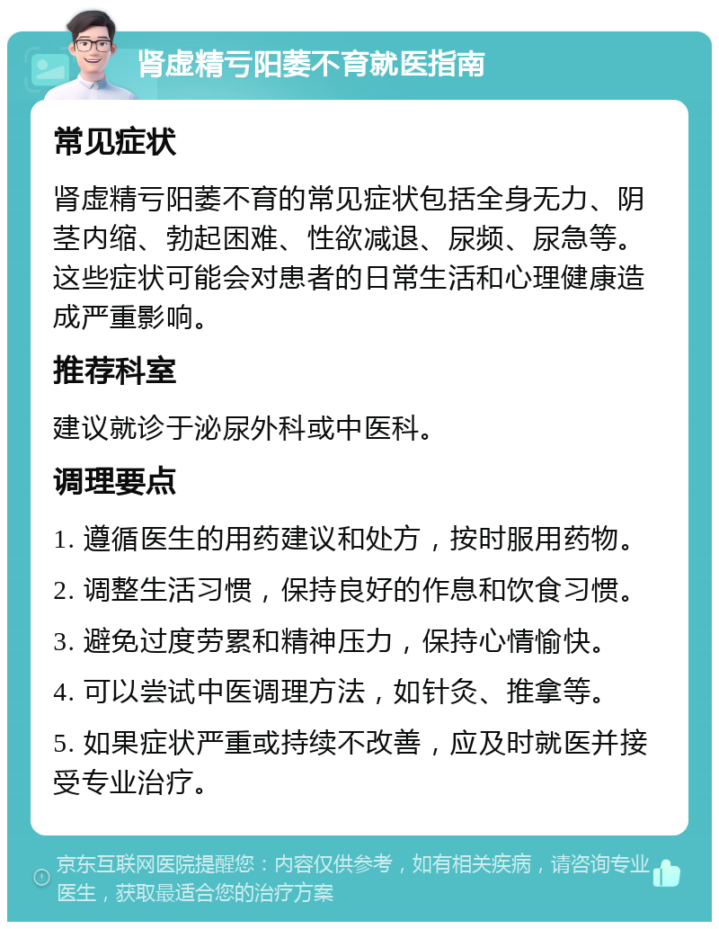 肾虚精亏阳萎不育就医指南 常见症状 肾虚精亏阳萎不育的常见症状包括全身无力、阴茎内缩、勃起困难、性欲减退、尿频、尿急等。这些症状可能会对患者的日常生活和心理健康造成严重影响。 推荐科室 建议就诊于泌尿外科或中医科。 调理要点 1. 遵循医生的用药建议和处方，按时服用药物。 2. 调整生活习惯，保持良好的作息和饮食习惯。 3. 避免过度劳累和精神压力，保持心情愉快。 4. 可以尝试中医调理方法，如针灸、推拿等。 5. 如果症状严重或持续不改善，应及时就医并接受专业治疗。