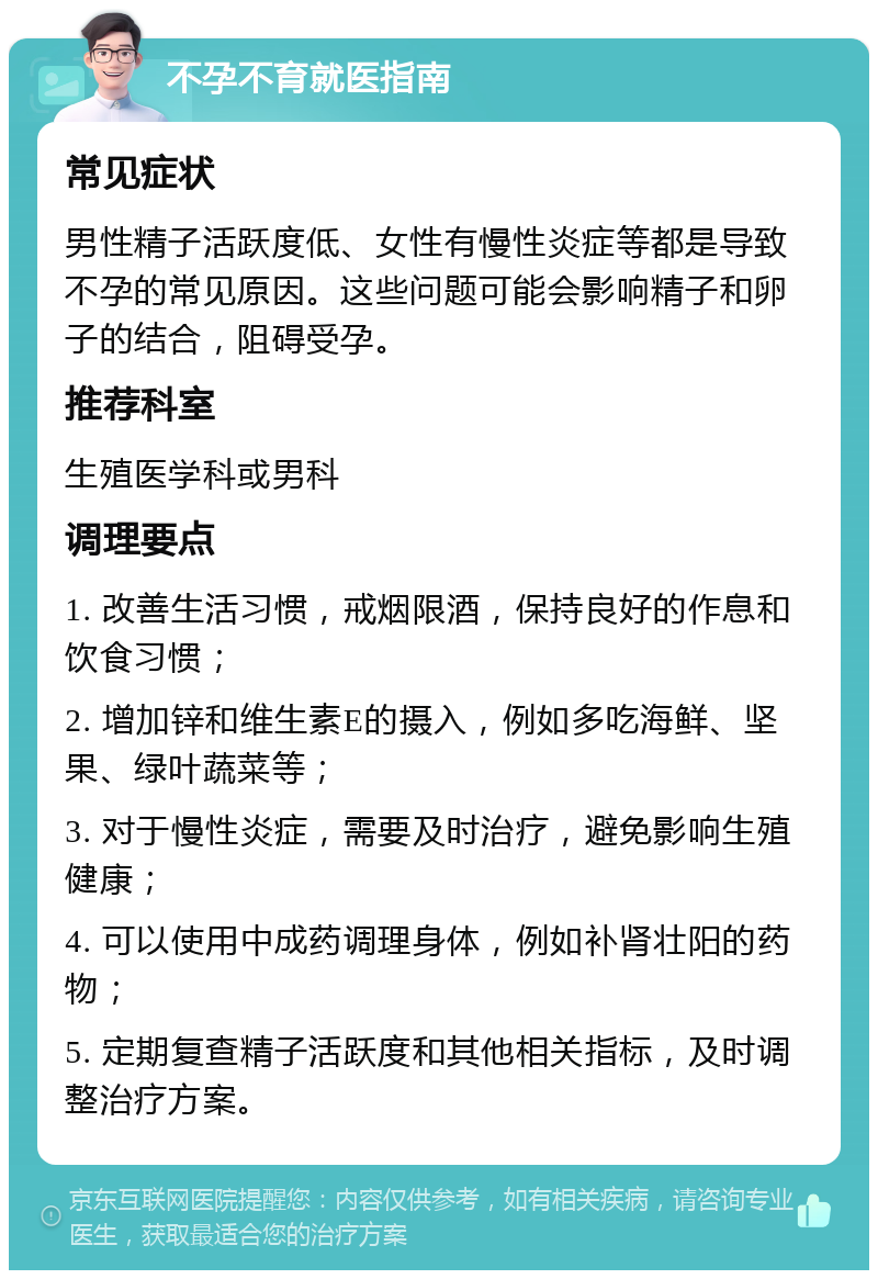 不孕不育就医指南 常见症状 男性精子活跃度低、女性有慢性炎症等都是导致不孕的常见原因。这些问题可能会影响精子和卵子的结合，阻碍受孕。 推荐科室 生殖医学科或男科 调理要点 1. 改善生活习惯，戒烟限酒，保持良好的作息和饮食习惯； 2. 增加锌和维生素E的摄入，例如多吃海鲜、坚果、绿叶蔬菜等； 3. 对于慢性炎症，需要及时治疗，避免影响生殖健康； 4. 可以使用中成药调理身体，例如补肾壮阳的药物； 5. 定期复查精子活跃度和其他相关指标，及时调整治疗方案。