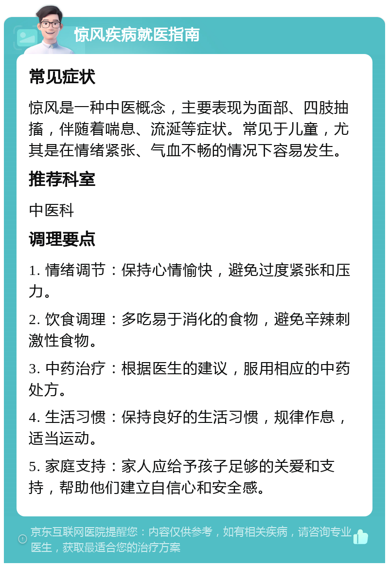 惊风疾病就医指南 常见症状 惊风是一种中医概念，主要表现为面部、四肢抽搐，伴随着喘息、流涎等症状。常见于儿童，尤其是在情绪紧张、气血不畅的情况下容易发生。 推荐科室 中医科 调理要点 1. 情绪调节：保持心情愉快，避免过度紧张和压力。 2. 饮食调理：多吃易于消化的食物，避免辛辣刺激性食物。 3. 中药治疗：根据医生的建议，服用相应的中药处方。 4. 生活习惯：保持良好的生活习惯，规律作息，适当运动。 5. 家庭支持：家人应给予孩子足够的关爱和支持，帮助他们建立自信心和安全感。