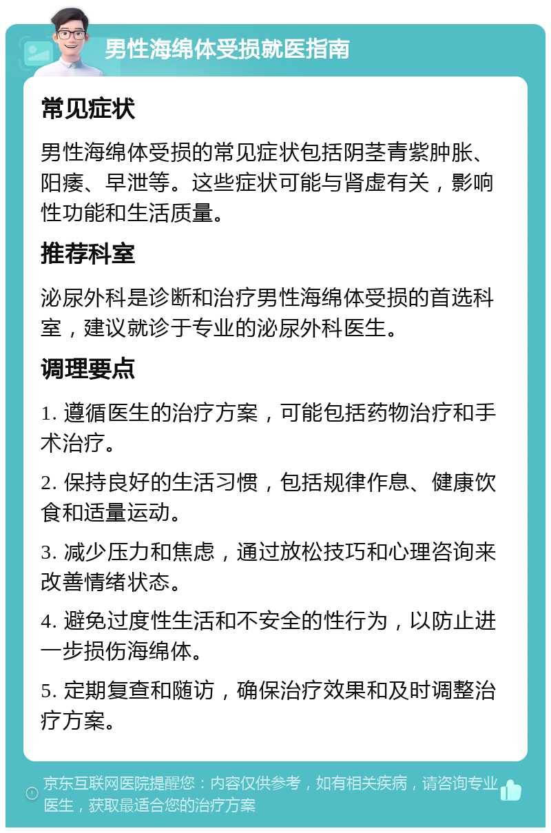 男性海绵体受损就医指南 常见症状 男性海绵体受损的常见症状包括阴茎青紫肿胀、阳痿、早泄等。这些症状可能与肾虚有关，影响性功能和生活质量。 推荐科室 泌尿外科是诊断和治疗男性海绵体受损的首选科室，建议就诊于专业的泌尿外科医生。 调理要点 1. 遵循医生的治疗方案，可能包括药物治疗和手术治疗。 2. 保持良好的生活习惯，包括规律作息、健康饮食和适量运动。 3. 减少压力和焦虑，通过放松技巧和心理咨询来改善情绪状态。 4. 避免过度性生活和不安全的性行为，以防止进一步损伤海绵体。 5. 定期复查和随访，确保治疗效果和及时调整治疗方案。