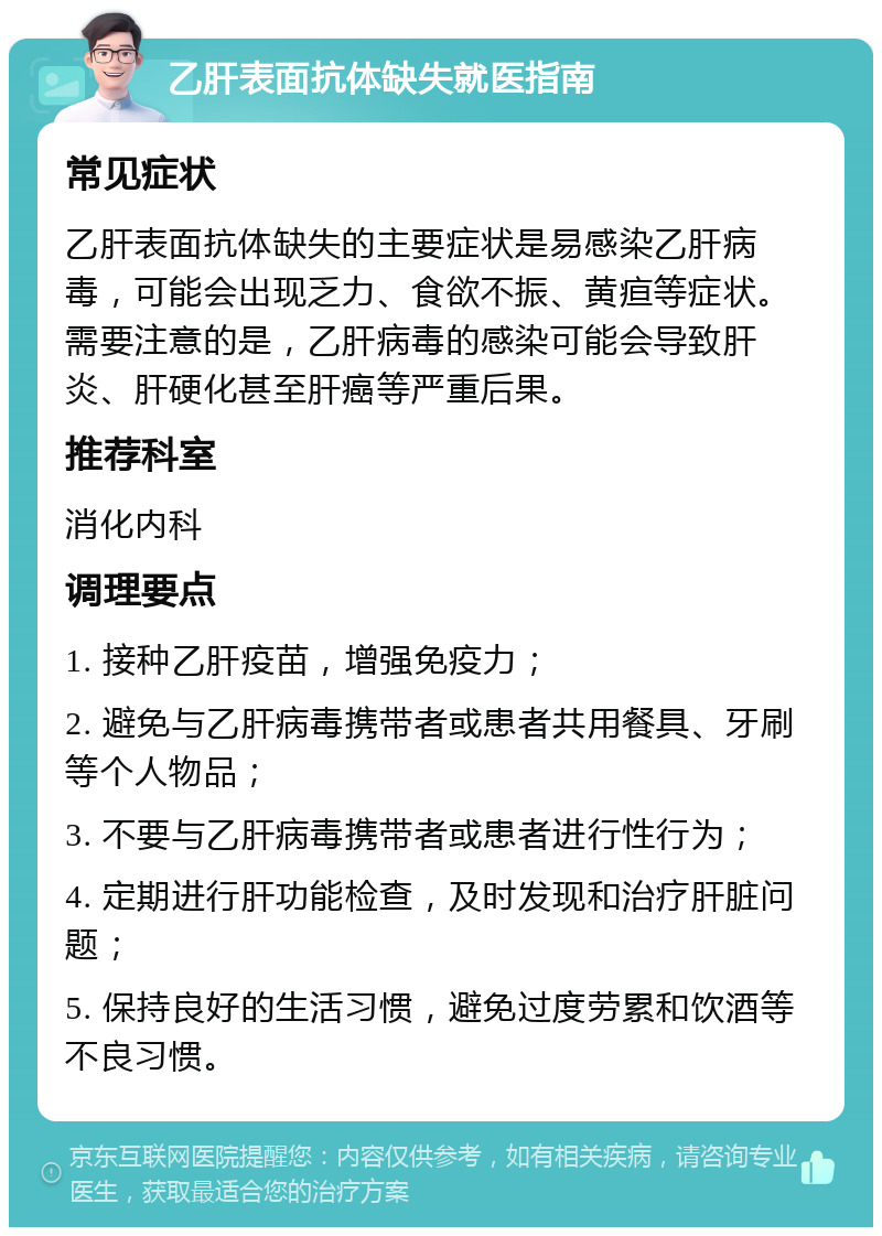 乙肝表面抗体缺失就医指南 常见症状 乙肝表面抗体缺失的主要症状是易感染乙肝病毒，可能会出现乏力、食欲不振、黄疸等症状。需要注意的是，乙肝病毒的感染可能会导致肝炎、肝硬化甚至肝癌等严重后果。 推荐科室 消化内科 调理要点 1. 接种乙肝疫苗，增强免疫力； 2. 避免与乙肝病毒携带者或患者共用餐具、牙刷等个人物品； 3. 不要与乙肝病毒携带者或患者进行性行为； 4. 定期进行肝功能检查，及时发现和治疗肝脏问题； 5. 保持良好的生活习惯，避免过度劳累和饮酒等不良习惯。