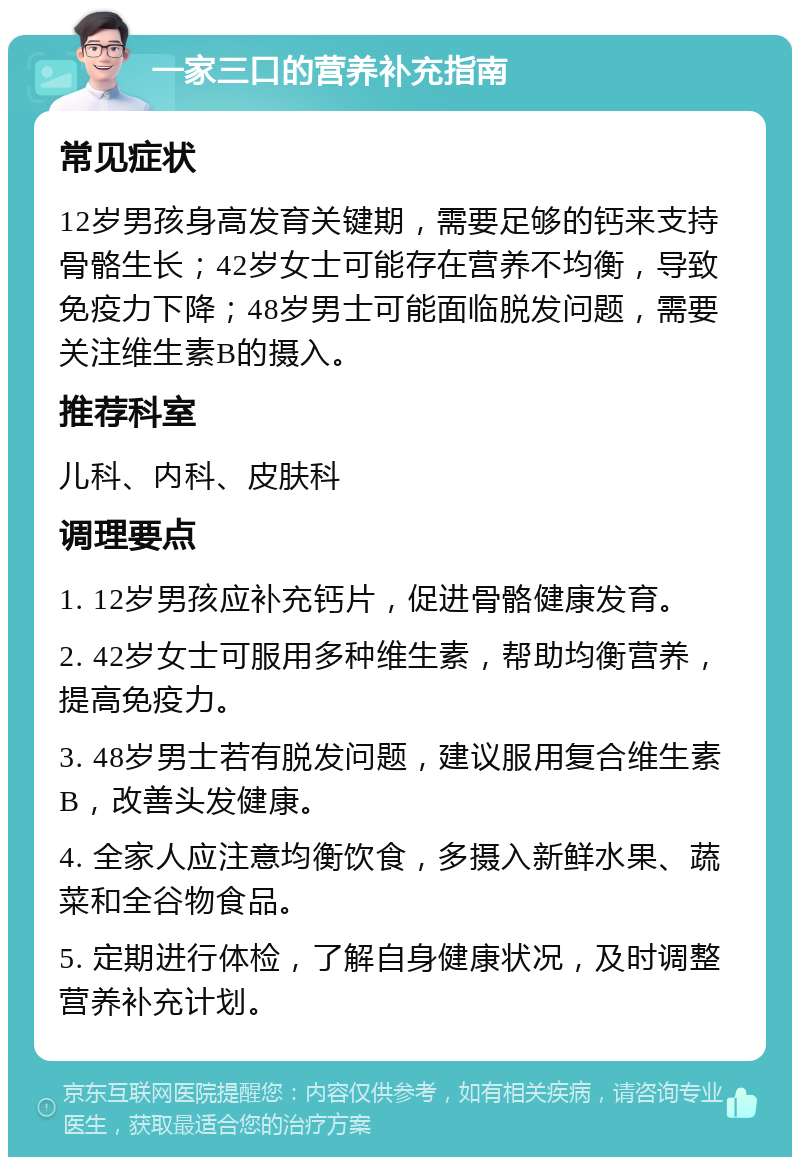 一家三口的营养补充指南 常见症状 12岁男孩身高发育关键期，需要足够的钙来支持骨骼生长；42岁女士可能存在营养不均衡，导致免疫力下降；48岁男士可能面临脱发问题，需要关注维生素B的摄入。 推荐科室 儿科、内科、皮肤科 调理要点 1. 12岁男孩应补充钙片，促进骨骼健康发育。 2. 42岁女士可服用多种维生素，帮助均衡营养，提高免疫力。 3. 48岁男士若有脱发问题，建议服用复合维生素B，改善头发健康。 4. 全家人应注意均衡饮食，多摄入新鲜水果、蔬菜和全谷物食品。 5. 定期进行体检，了解自身健康状况，及时调整营养补充计划。