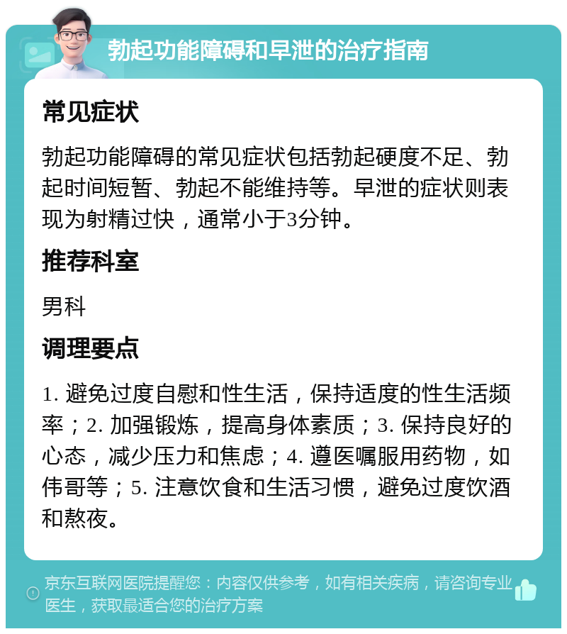 勃起功能障碍和早泄的治疗指南 常见症状 勃起功能障碍的常见症状包括勃起硬度不足、勃起时间短暂、勃起不能维持等。早泄的症状则表现为射精过快，通常小于3分钟。 推荐科室 男科 调理要点 1. 避免过度自慰和性生活，保持适度的性生活频率；2. 加强锻炼，提高身体素质；3. 保持良好的心态，减少压力和焦虑；4. 遵医嘱服用药物，如伟哥等；5. 注意饮食和生活习惯，避免过度饮酒和熬夜。