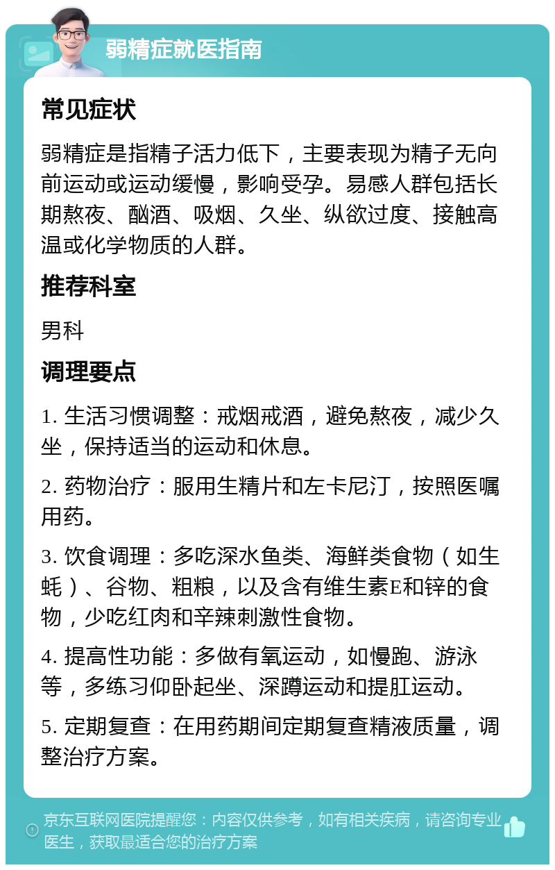 弱精症就医指南 常见症状 弱精症是指精子活力低下，主要表现为精子无向前运动或运动缓慢，影响受孕。易感人群包括长期熬夜、酗酒、吸烟、久坐、纵欲过度、接触高温或化学物质的人群。 推荐科室 男科 调理要点 1. 生活习惯调整：戒烟戒酒，避免熬夜，减少久坐，保持适当的运动和休息。 2. 药物治疗：服用生精片和左卡尼汀，按照医嘱用药。 3. 饮食调理：多吃深水鱼类、海鲜类食物（如生蚝）、谷物、粗粮，以及含有维生素E和锌的食物，少吃红肉和辛辣刺激性食物。 4. 提高性功能：多做有氧运动，如慢跑、游泳等，多练习仰卧起坐、深蹲运动和提肛运动。 5. 定期复查：在用药期间定期复查精液质量，调整治疗方案。