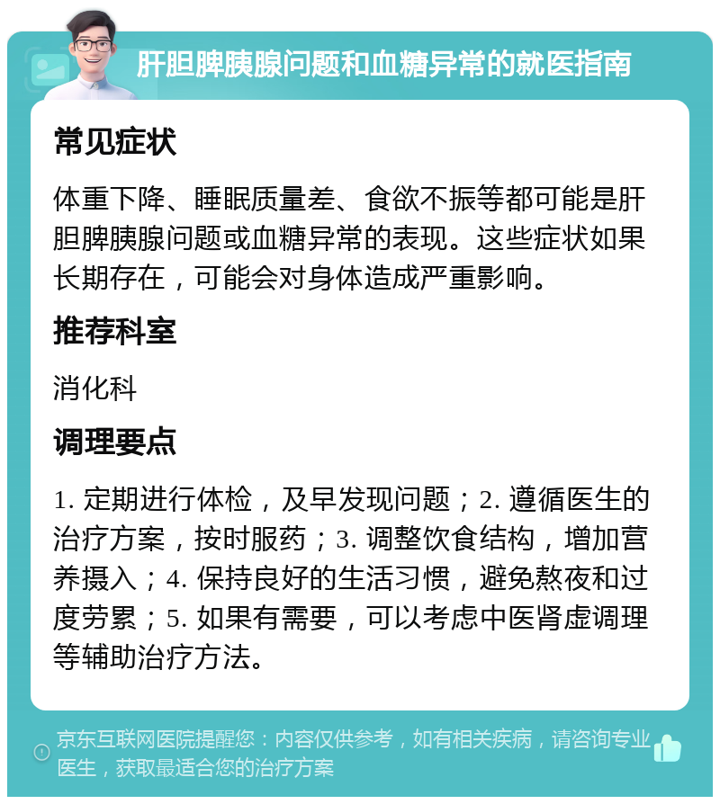 肝胆脾胰腺问题和血糖异常的就医指南 常见症状 体重下降、睡眠质量差、食欲不振等都可能是肝胆脾胰腺问题或血糖异常的表现。这些症状如果长期存在，可能会对身体造成严重影响。 推荐科室 消化科 调理要点 1. 定期进行体检，及早发现问题；2. 遵循医生的治疗方案，按时服药；3. 调整饮食结构，增加营养摄入；4. 保持良好的生活习惯，避免熬夜和过度劳累；5. 如果有需要，可以考虑中医肾虚调理等辅助治疗方法。