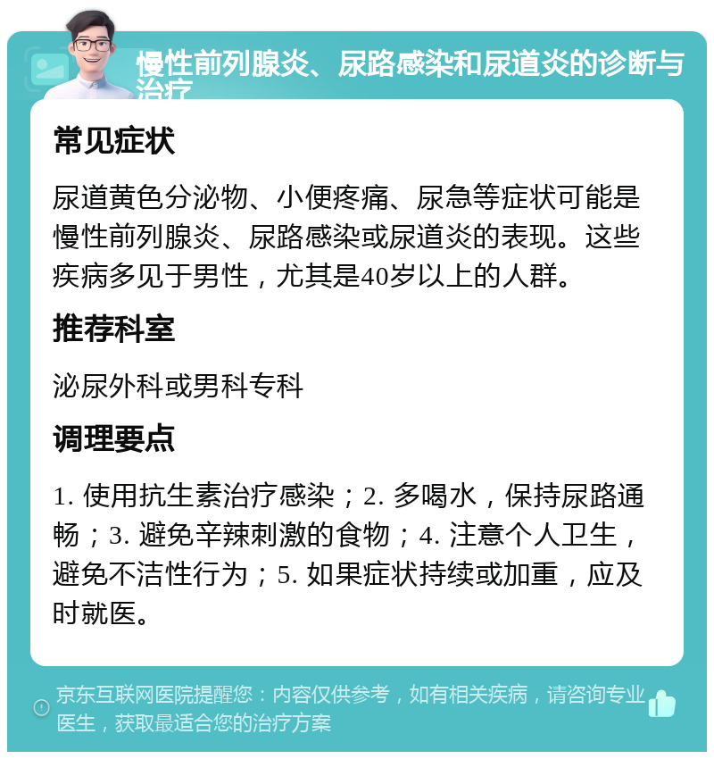 慢性前列腺炎、尿路感染和尿道炎的诊断与治疗 常见症状 尿道黄色分泌物、小便疼痛、尿急等症状可能是慢性前列腺炎、尿路感染或尿道炎的表现。这些疾病多见于男性，尤其是40岁以上的人群。 推荐科室 泌尿外科或男科专科 调理要点 1. 使用抗生素治疗感染；2. 多喝水，保持尿路通畅；3. 避免辛辣刺激的食物；4. 注意个人卫生，避免不洁性行为；5. 如果症状持续或加重，应及时就医。