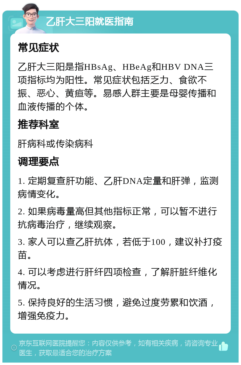 乙肝大三阳就医指南 常见症状 乙肝大三阳是指HBsAg、HBeAg和HBV DNA三项指标均为阳性。常见症状包括乏力、食欲不振、恶心、黄疸等。易感人群主要是母婴传播和血液传播的个体。 推荐科室 肝病科或传染病科 调理要点 1. 定期复查肝功能、乙肝DNA定量和肝弹，监测病情变化。 2. 如果病毒量高但其他指标正常，可以暂不进行抗病毒治疗，继续观察。 3. 家人可以查乙肝抗体，若低于100，建议补打疫苗。 4. 可以考虑进行肝纤四项检查，了解肝脏纤维化情况。 5. 保持良好的生活习惯，避免过度劳累和饮酒，增强免疫力。