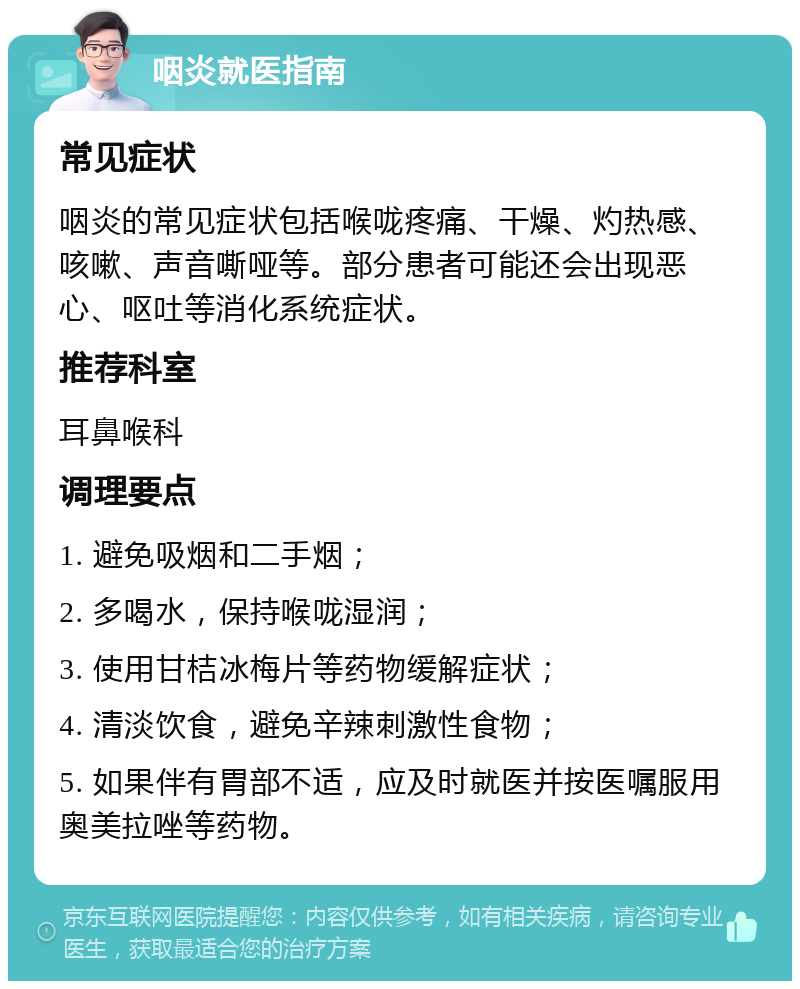 咽炎就医指南 常见症状 咽炎的常见症状包括喉咙疼痛、干燥、灼热感、咳嗽、声音嘶哑等。部分患者可能还会出现恶心、呕吐等消化系统症状。 推荐科室 耳鼻喉科 调理要点 1. 避免吸烟和二手烟； 2. 多喝水，保持喉咙湿润； 3. 使用甘桔冰梅片等药物缓解症状； 4. 清淡饮食，避免辛辣刺激性食物； 5. 如果伴有胃部不适，应及时就医并按医嘱服用奥美拉唑等药物。