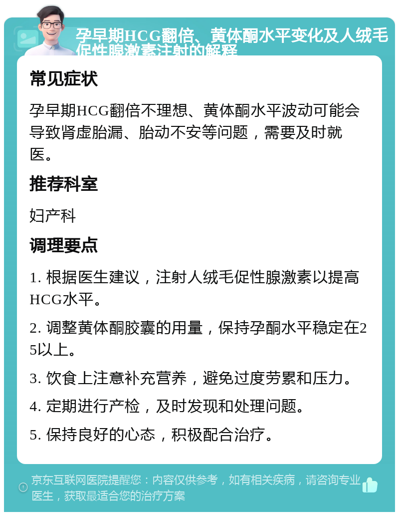 孕早期HCG翻倍、黄体酮水平变化及人绒毛促性腺激素注射的解释 常见症状 孕早期HCG翻倍不理想、黄体酮水平波动可能会导致肾虚胎漏、胎动不安等问题，需要及时就医。 推荐科室 妇产科 调理要点 1. 根据医生建议，注射人绒毛促性腺激素以提高HCG水平。 2. 调整黄体酮胶囊的用量，保持孕酮水平稳定在25以上。 3. 饮食上注意补充营养，避免过度劳累和压力。 4. 定期进行产检，及时发现和处理问题。 5. 保持良好的心态，积极配合治疗。