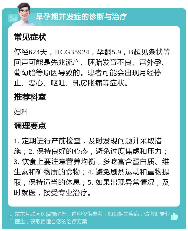 早孕期并发症的诊断与治疗 常见症状 停经624天，HCG35924，孕酮5.9，B超见条状等回声可能是先兆流产、胚胎发育不良、宫外孕、葡萄胎等原因导致的。患者可能会出现月经停止、恶心、呕吐、乳房胀痛等症状。 推荐科室 妇科 调理要点 1. 定期进行产前检查，及时发现问题并采取措施；2. 保持良好的心态，避免过度焦虑和压力；3. 饮食上要注意营养均衡，多吃富含蛋白质、维生素和矿物质的食物；4. 避免剧烈运动和重物提取，保持适当的休息；5. 如果出现异常情况，及时就医，接受专业治疗。