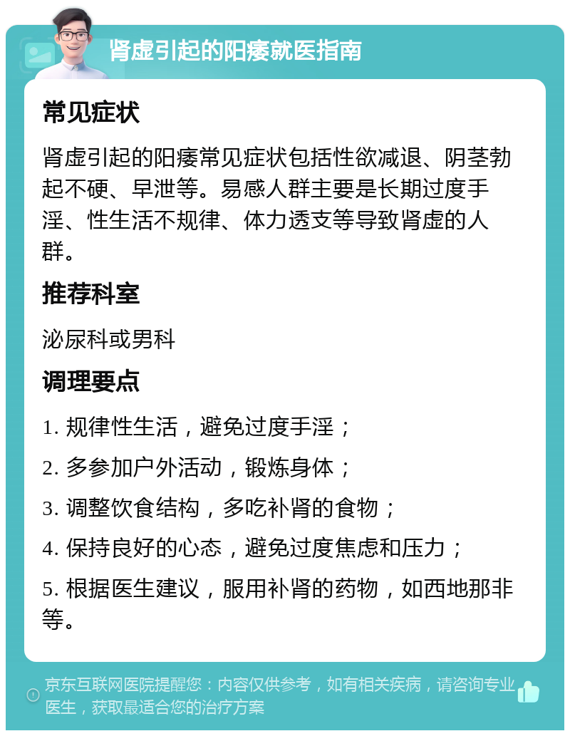 肾虚引起的阳痿就医指南 常见症状 肾虚引起的阳痿常见症状包括性欲减退、阴茎勃起不硬、早泄等。易感人群主要是长期过度手淫、性生活不规律、体力透支等导致肾虚的人群。 推荐科室 泌尿科或男科 调理要点 1. 规律性生活，避免过度手淫； 2. 多参加户外活动，锻炼身体； 3. 调整饮食结构，多吃补肾的食物； 4. 保持良好的心态，避免过度焦虑和压力； 5. 根据医生建议，服用补肾的药物，如西地那非等。