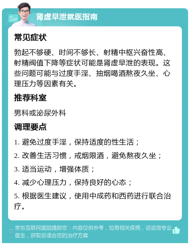 肾虚早泄就医指南 常见症状 勃起不够硬、时间不够长、射精中枢兴奋性高、射精阀值下降等症状可能是肾虚早泄的表现。这些问题可能与过度手淫、抽烟喝酒熬夜久坐、心理压力等因素有关。 推荐科室 男科或泌尿外科 调理要点 1. 避免过度手淫，保持适度的性生活； 2. 改善生活习惯，戒烟限酒，避免熬夜久坐； 3. 适当运动，增强体质； 4. 减少心理压力，保持良好的心态； 5. 根据医生建议，使用中成药和西药进行联合治疗。