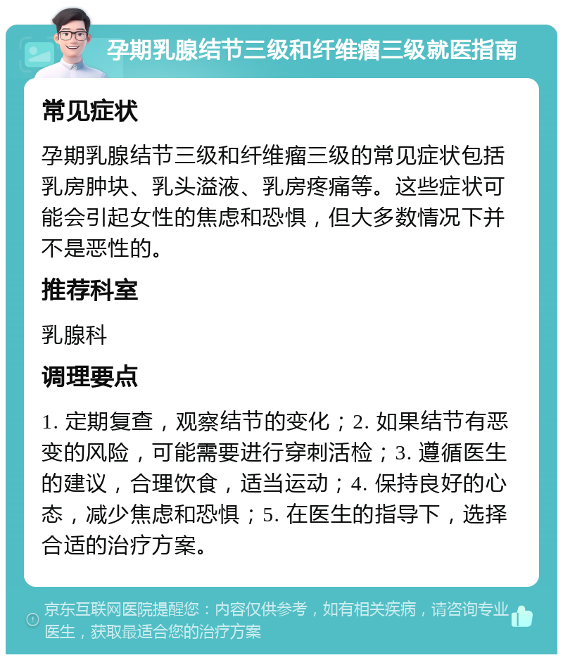 孕期乳腺结节三级和纤维瘤三级就医指南 常见症状 孕期乳腺结节三级和纤维瘤三级的常见症状包括乳房肿块、乳头溢液、乳房疼痛等。这些症状可能会引起女性的焦虑和恐惧，但大多数情况下并不是恶性的。 推荐科室 乳腺科 调理要点 1. 定期复查，观察结节的变化；2. 如果结节有恶变的风险，可能需要进行穿刺活检；3. 遵循医生的建议，合理饮食，适当运动；4. 保持良好的心态，减少焦虑和恐惧；5. 在医生的指导下，选择合适的治疗方案。